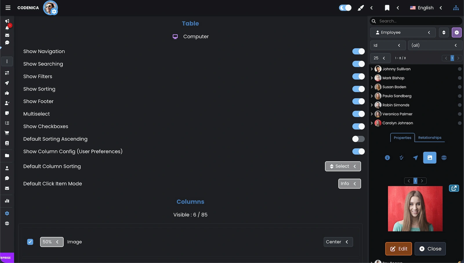 Screenshot showing customization options for table views and selectors.