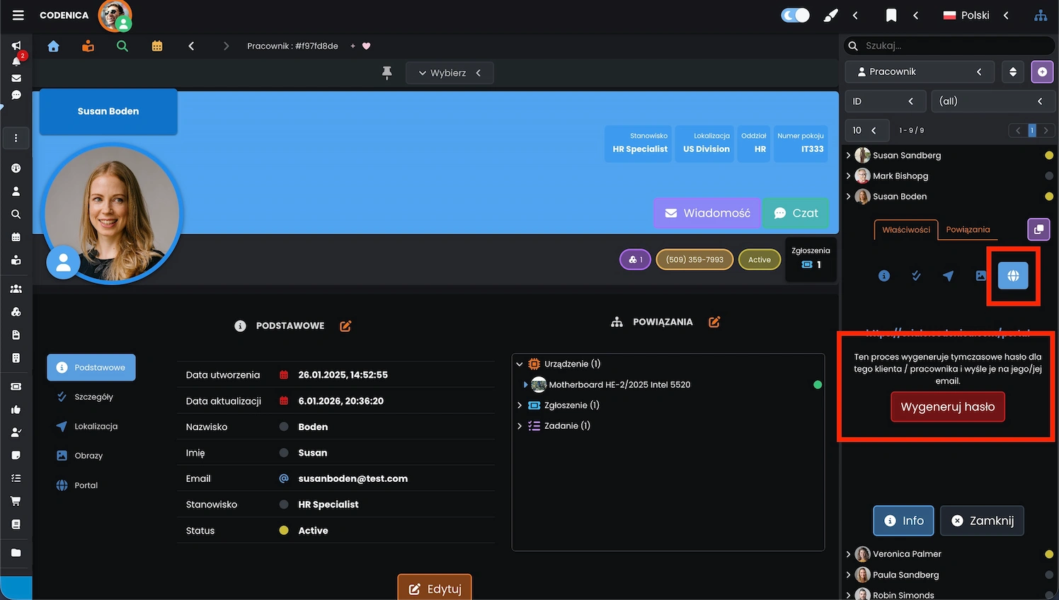 Widok szczegółowy pracownika w systemie Codenica ITSM + ITAM z otwartą zakładką Portal w panelu IT Manager oraz przyciskiem Wygeneruj hasło.