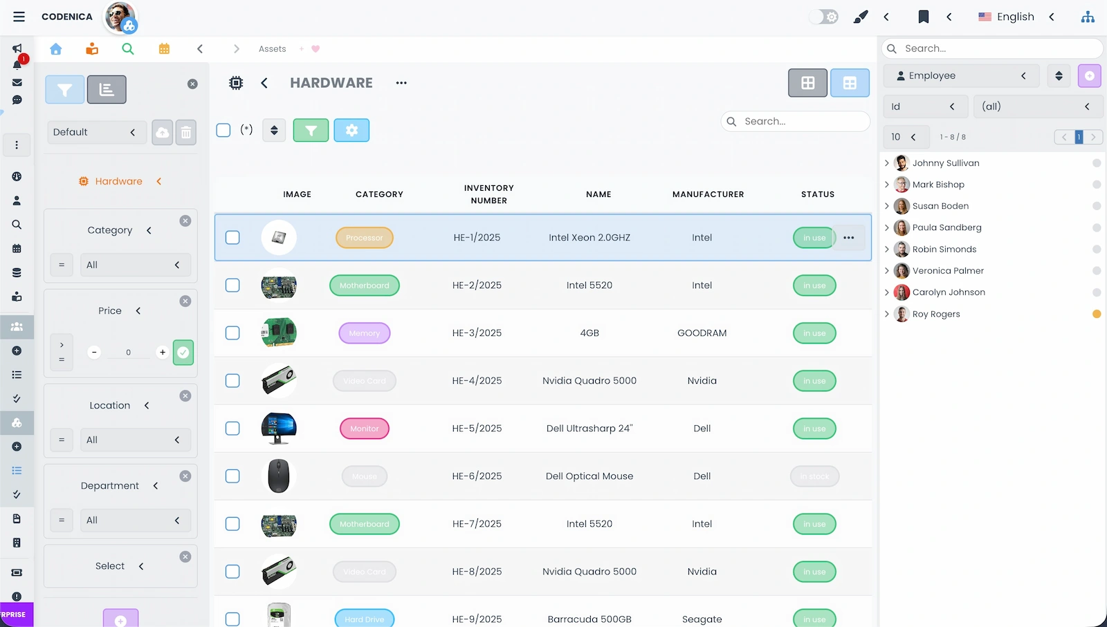 Table view for device assets in Codenica ITSM + ITAM