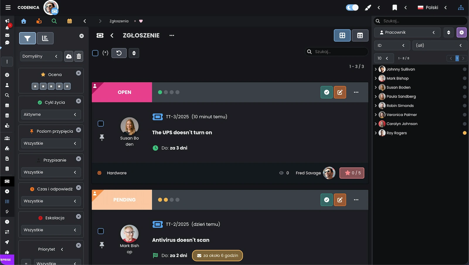 Widok elementów dla zgłoszeń w systemie ticketowym w aplikacji Codenica ITSM + ITAM