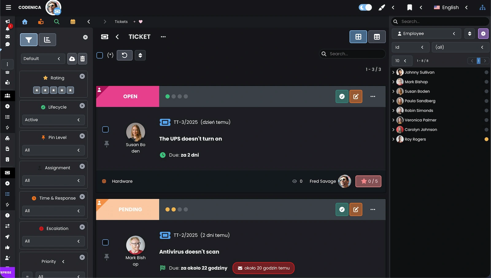 Item view for tickets in the ticket system in Codenica ITSM + ITAM