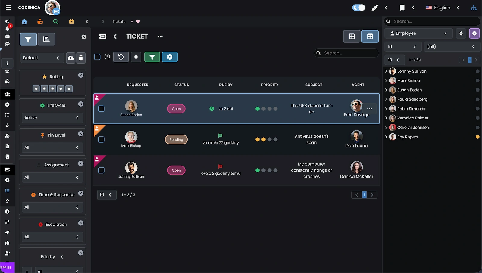 Table view for tickets in the ticket system in Codenica ITSM + ITAM