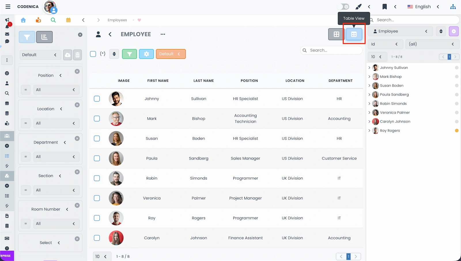 Employee and client list in table view in Codenica ITSM + ITAM