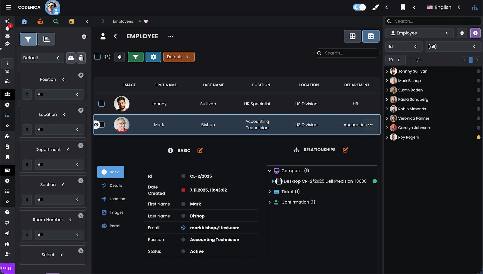 Employee object properties in table view in Codenica ITSM + ITAM
