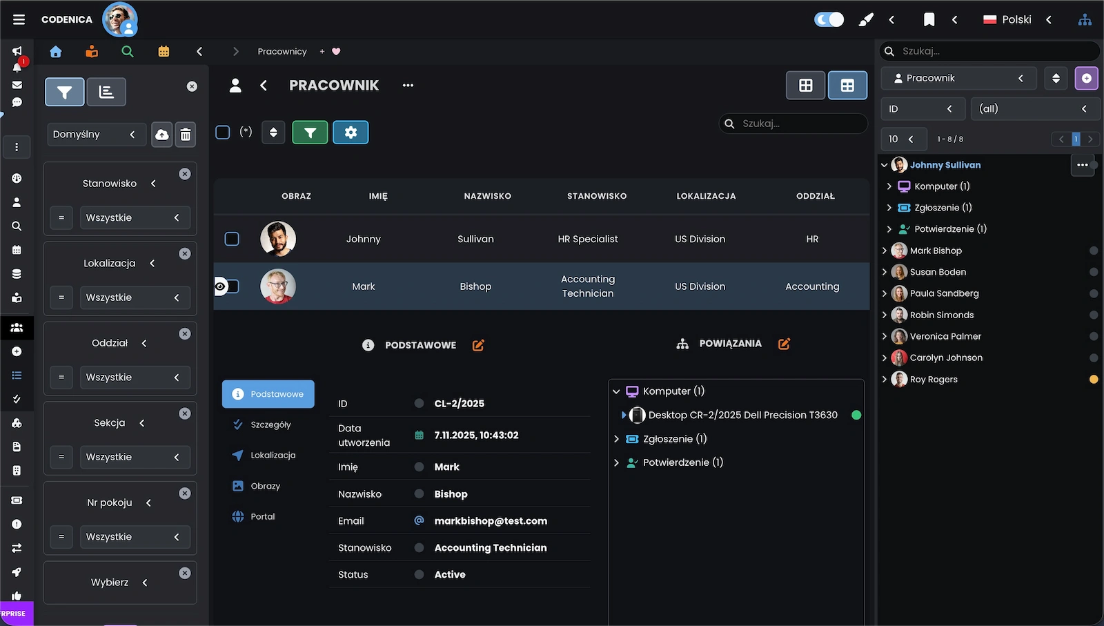 Właściwości obiektu pracownik w trybie widoku tabeli w aplikacji Codenica ITSM + ITAM