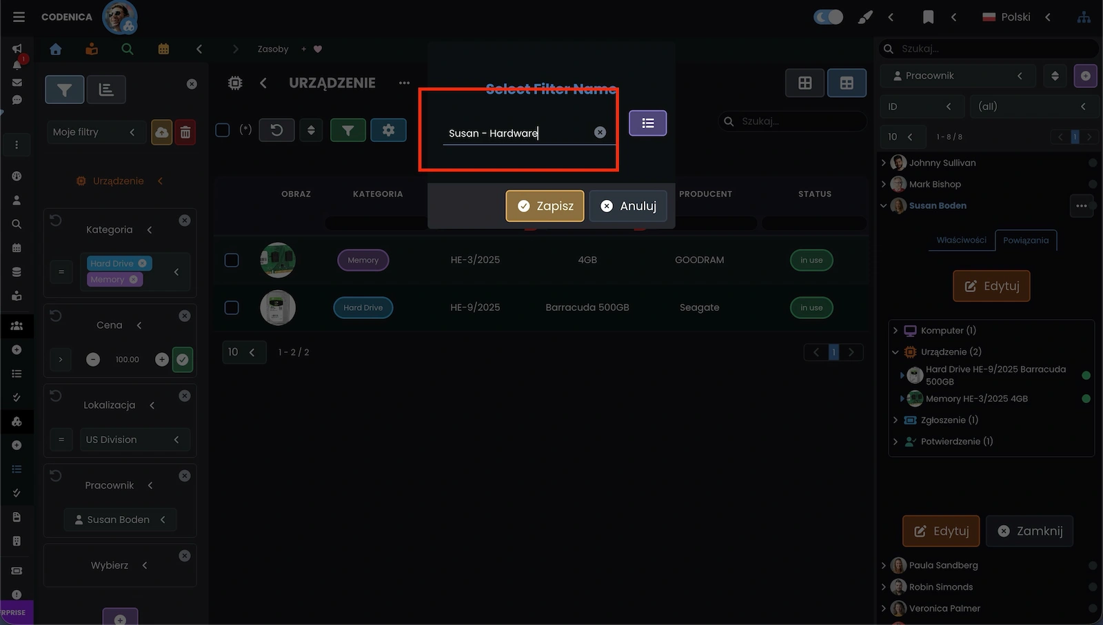 Zapis własnego filtra zestawienia w systemie Codenica ITSM + ITAM