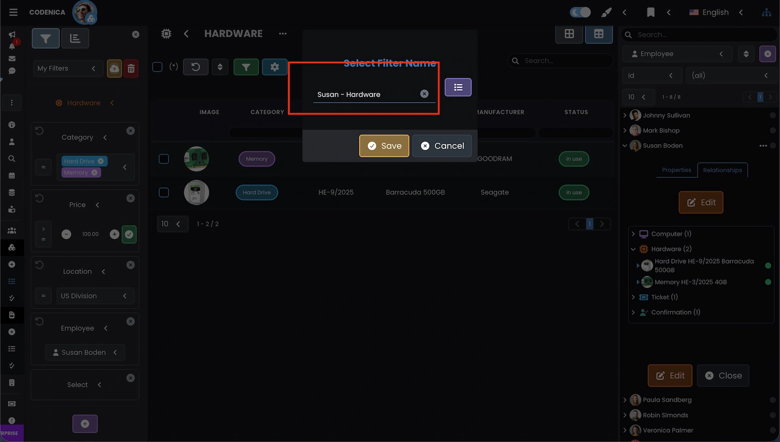 Saving a custom filter in Codenica ITSM + ITAM