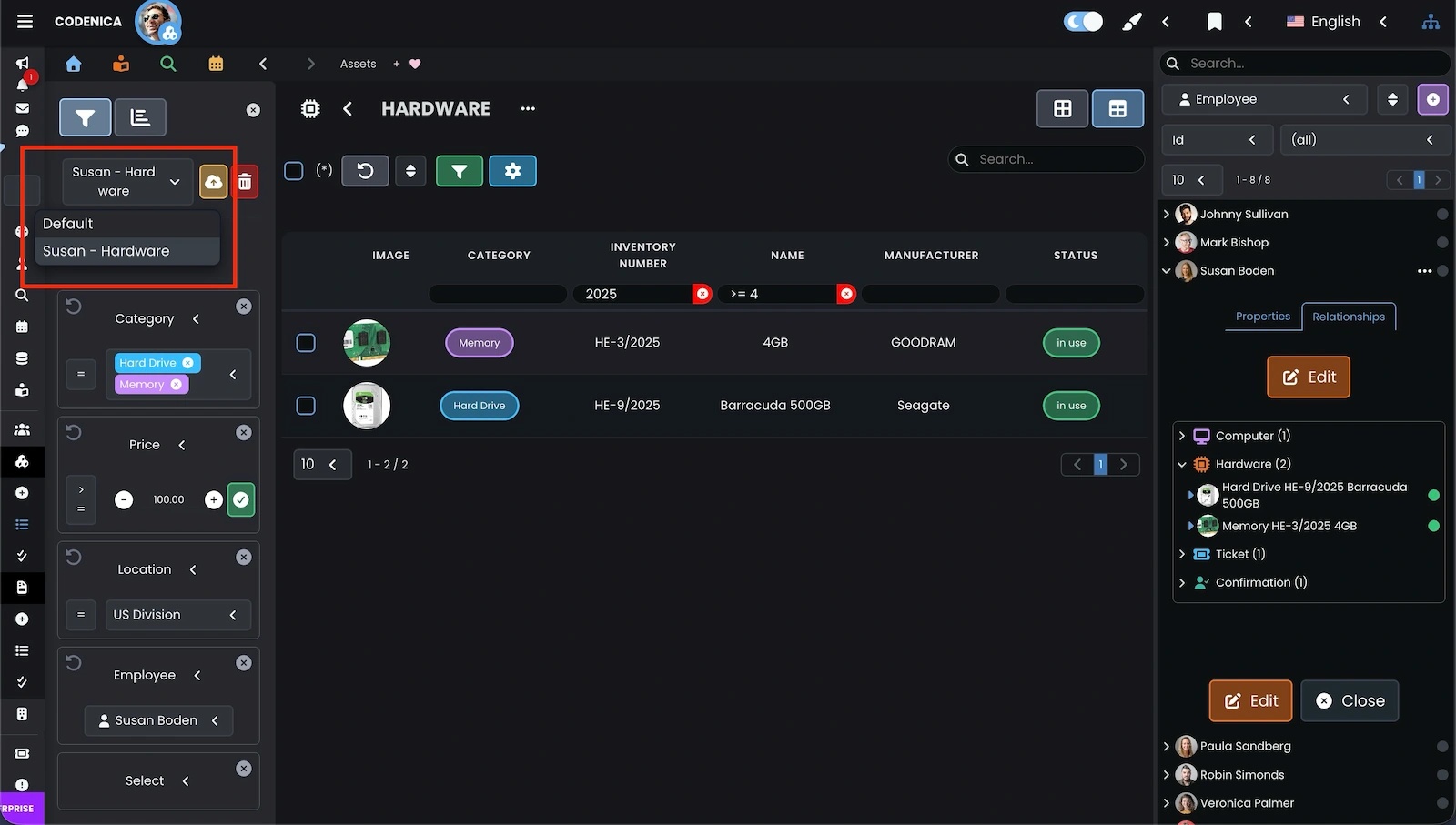 Loading a saved filter in Codenica ITSM + ITAM