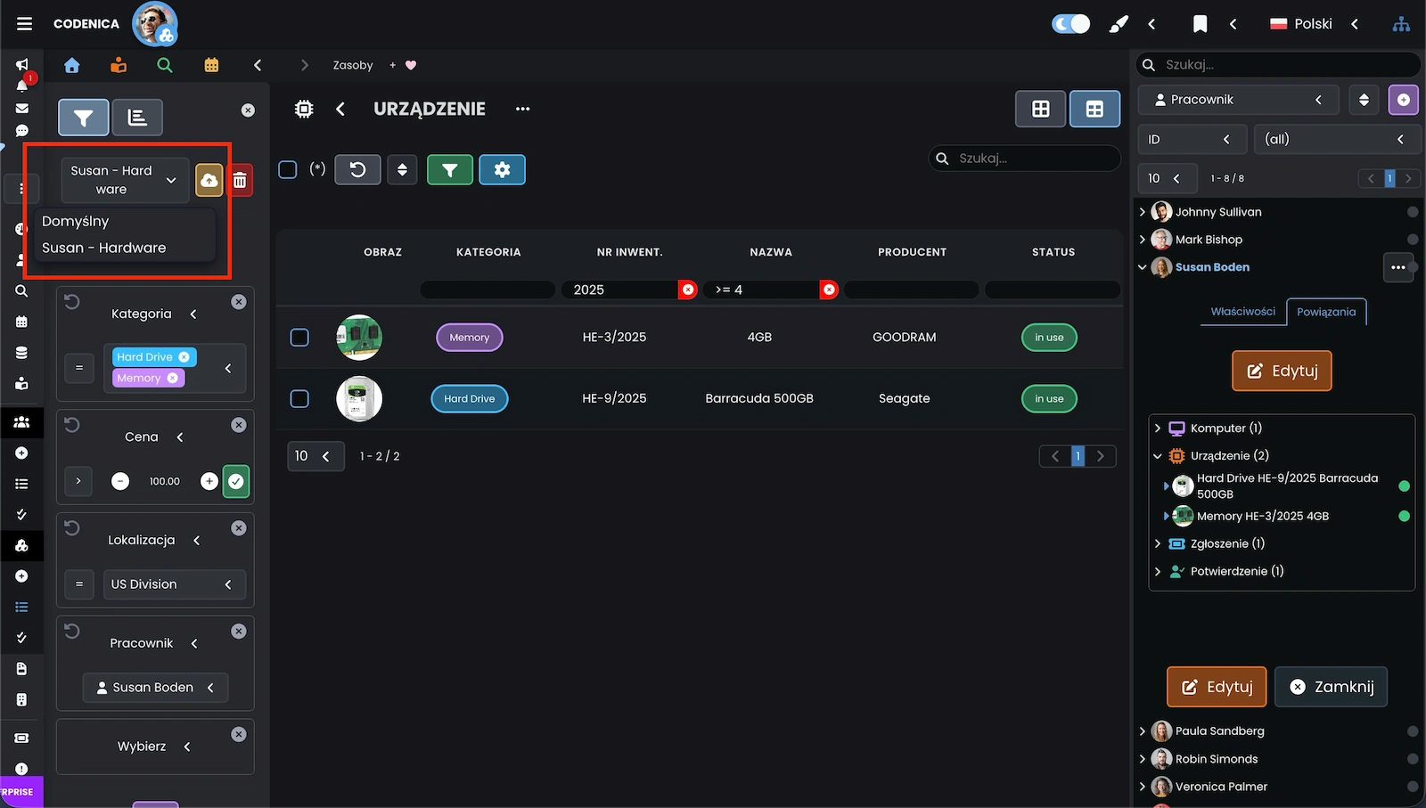 Załadowanie własnego filtra zestawienia w systemie Codenica ITSM + ITAM