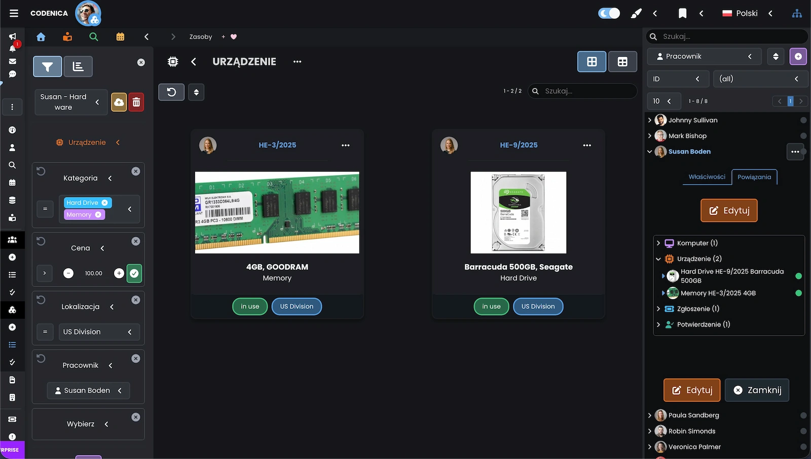 Filtry panelowe działają także dla widoku elementów w systemie Codenica ITSM + ITAM