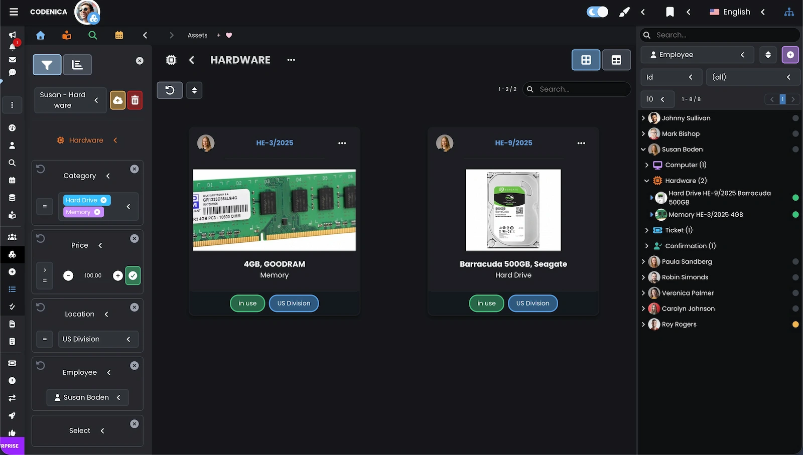 Panel filters also apply to item views in Codenica ITSM + ITAM