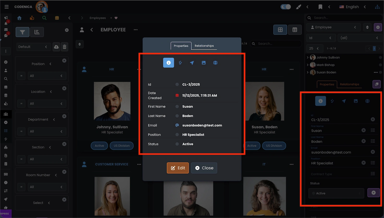 Employee / Client properties visible in the item view in Codenica ITSM + ITAM.