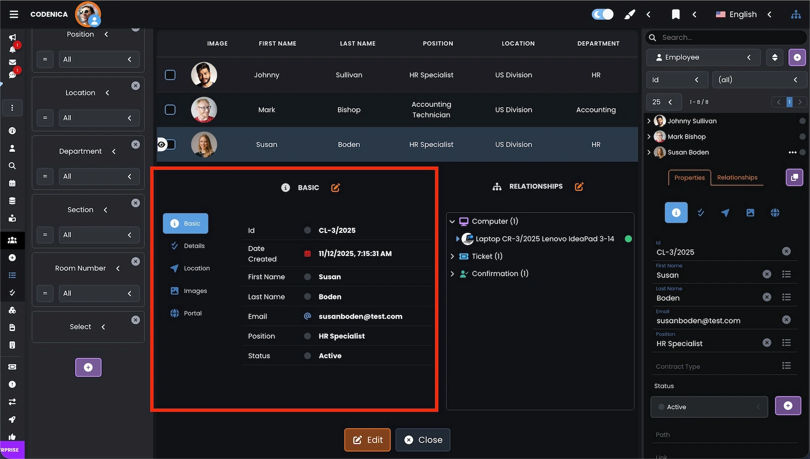 Employee / Client properties displayed in table view in Codenica ITSM + ITAM.