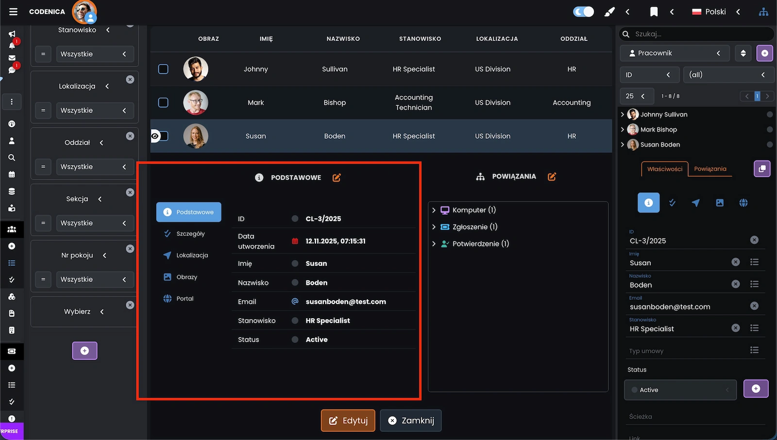 Właściwości obiektu pracownik / klient widoczne po kliknięciu na rekord w widoku tabelarycznym w systemie Codenica ITSM + ITAM
