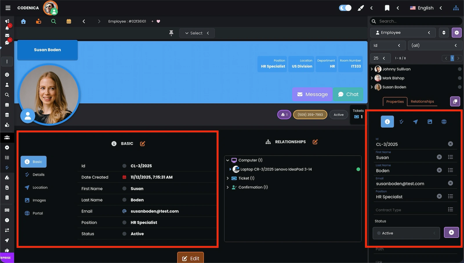 Employee / Client properties visible in the detailed view of Codenica ITSM + ITAM.