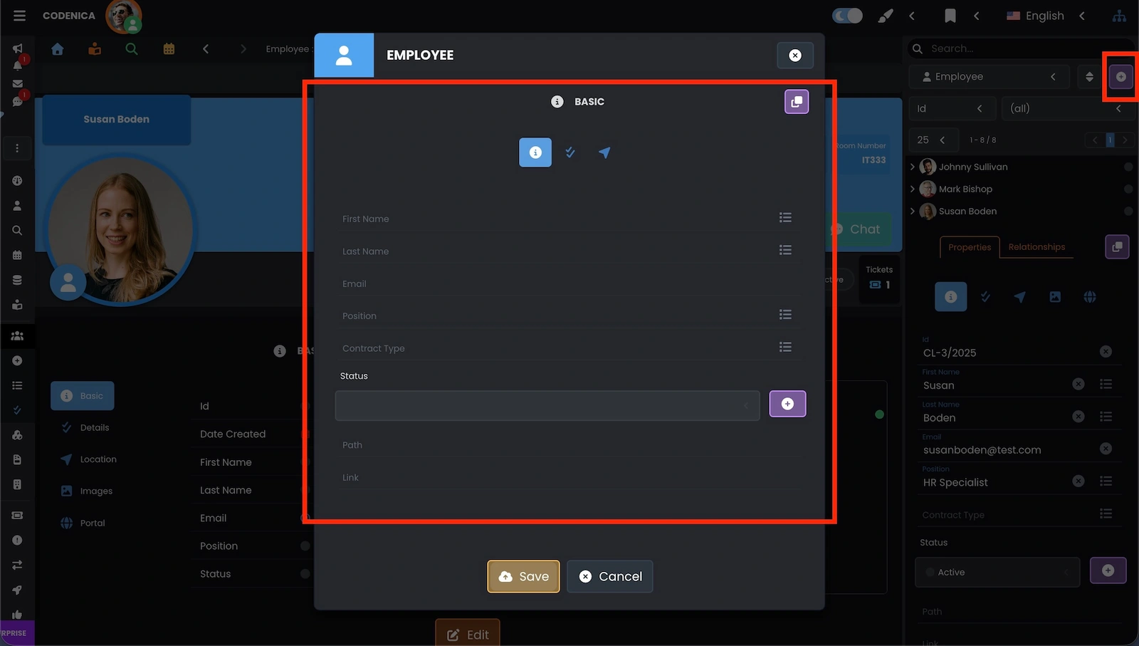 Properties in the ad-hoc creation window in Codenica ITSM + ITAM.
