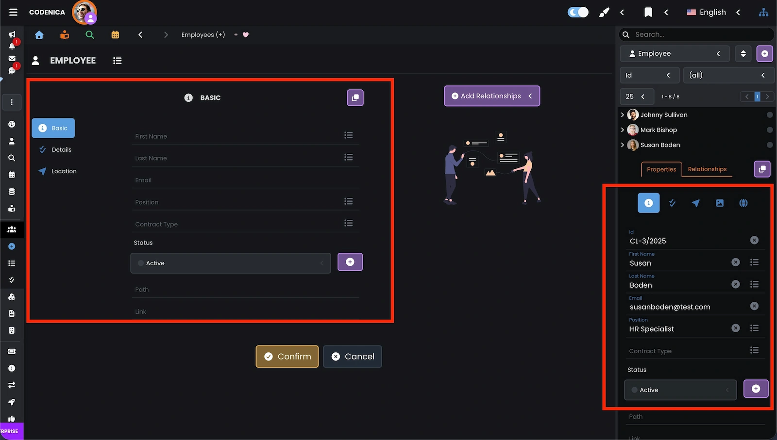 Properties on the page for adding new employees or clients in Codenica ITSM + ITAM.