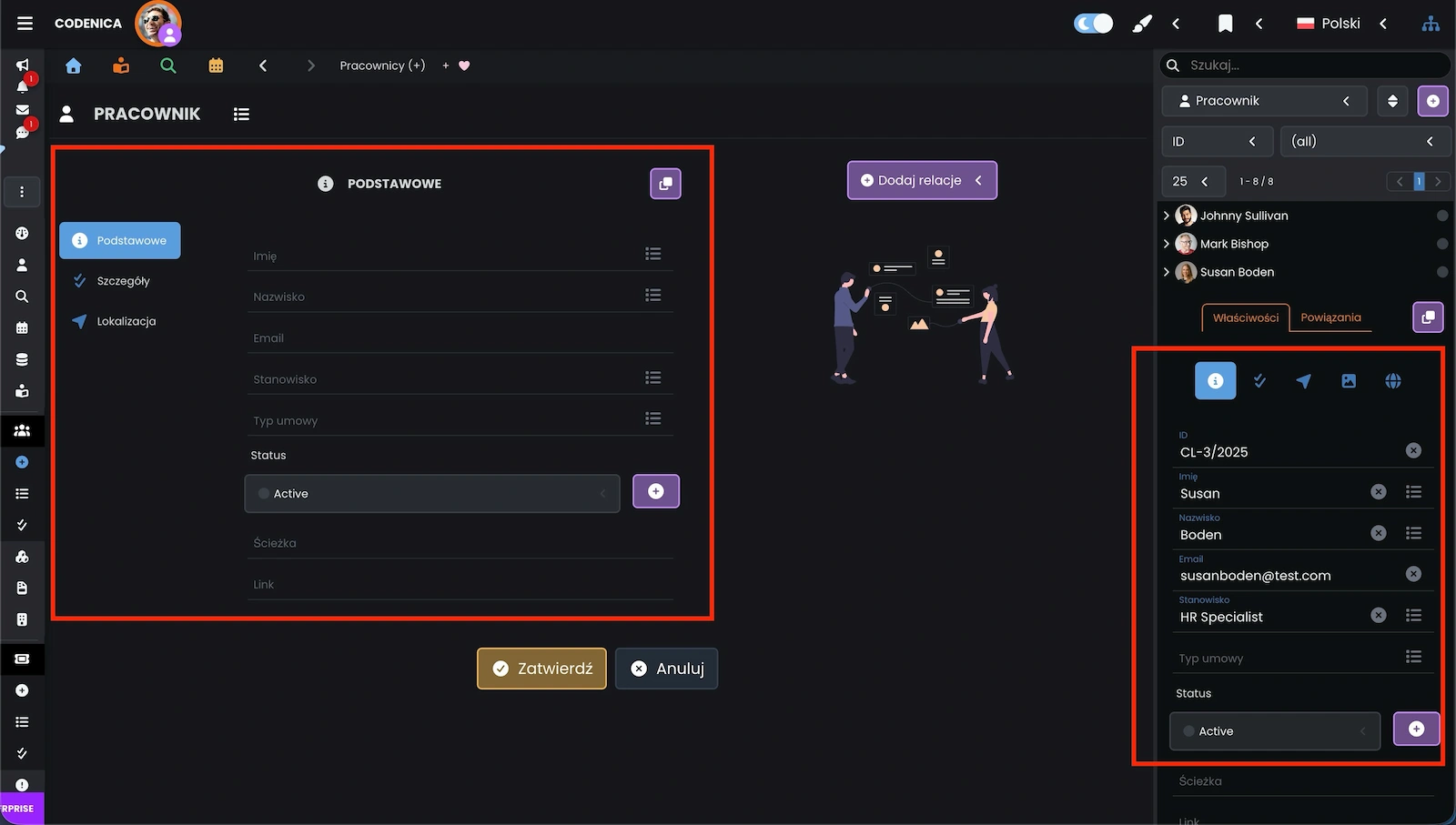 Właściwości na stronie dodawania nowych pracowników lub klientów w programie Codenica ITSM + ITAM