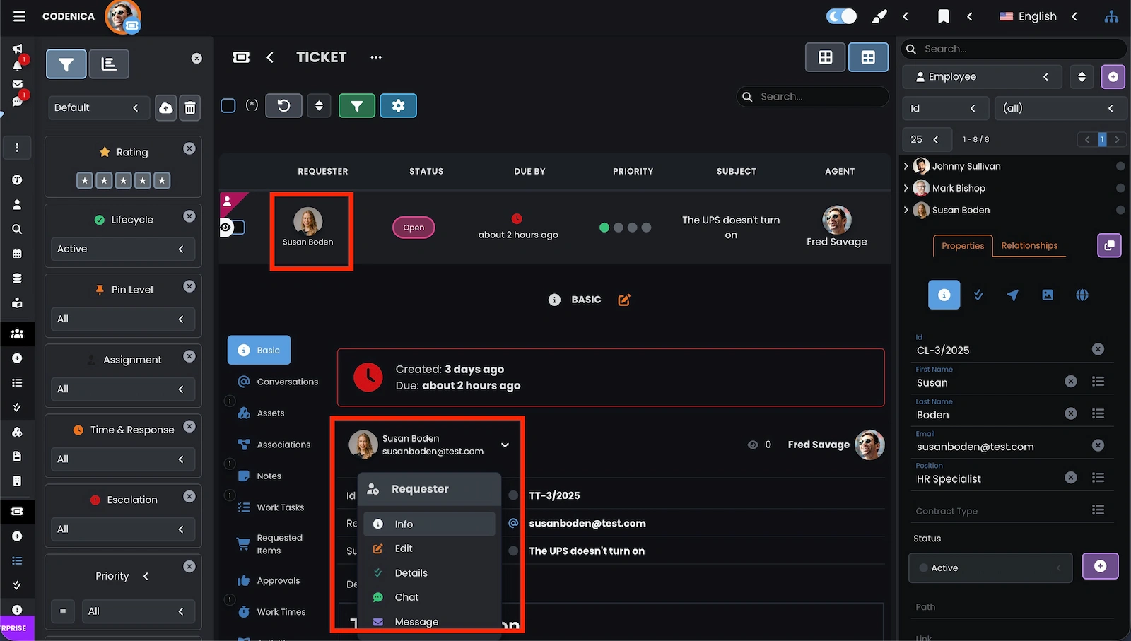 Object properties inside a service ticket in Codenica ITSM + ITAM.
