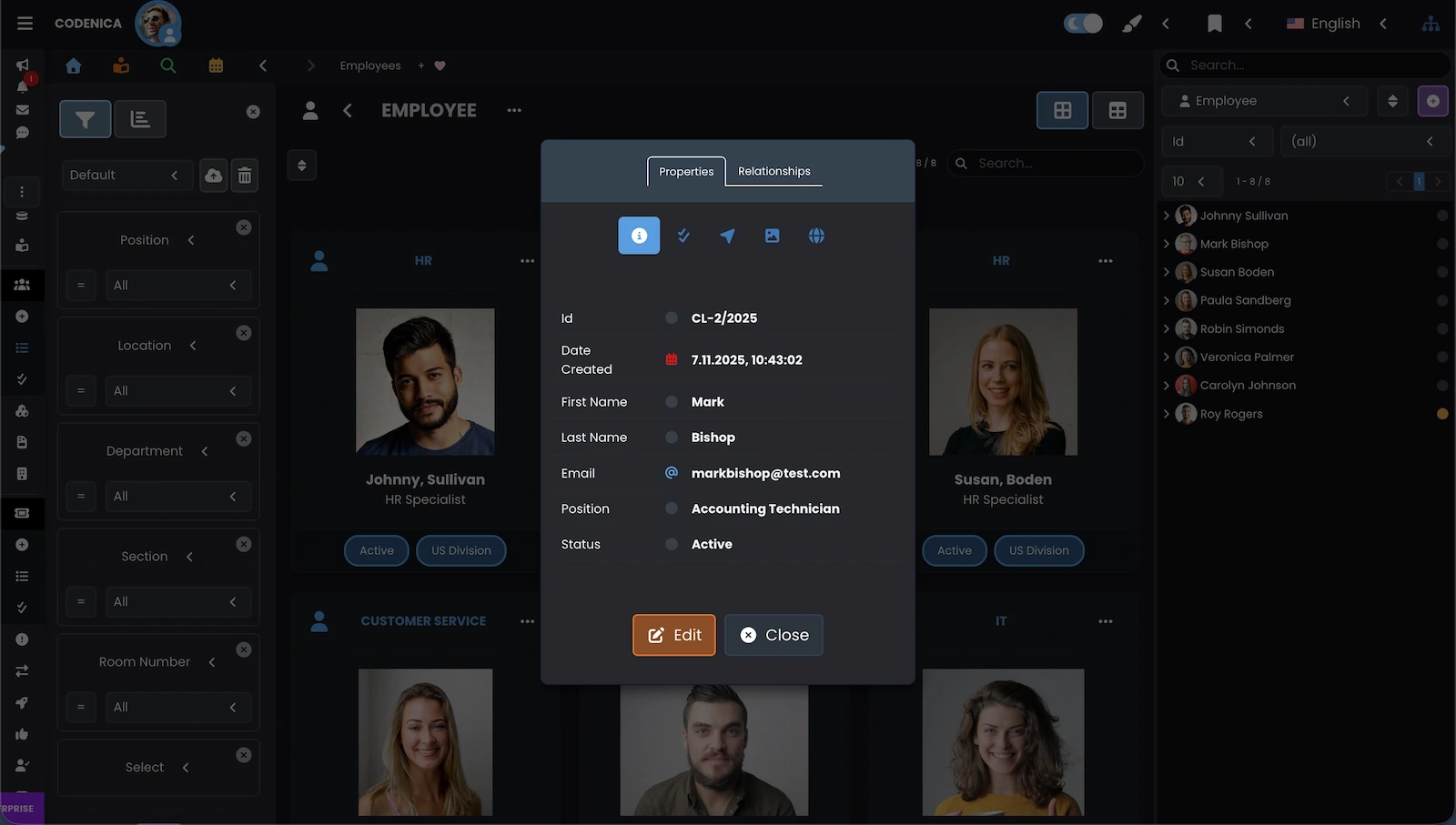 Employee object properties in item view in Codenica ITSM + ITAM