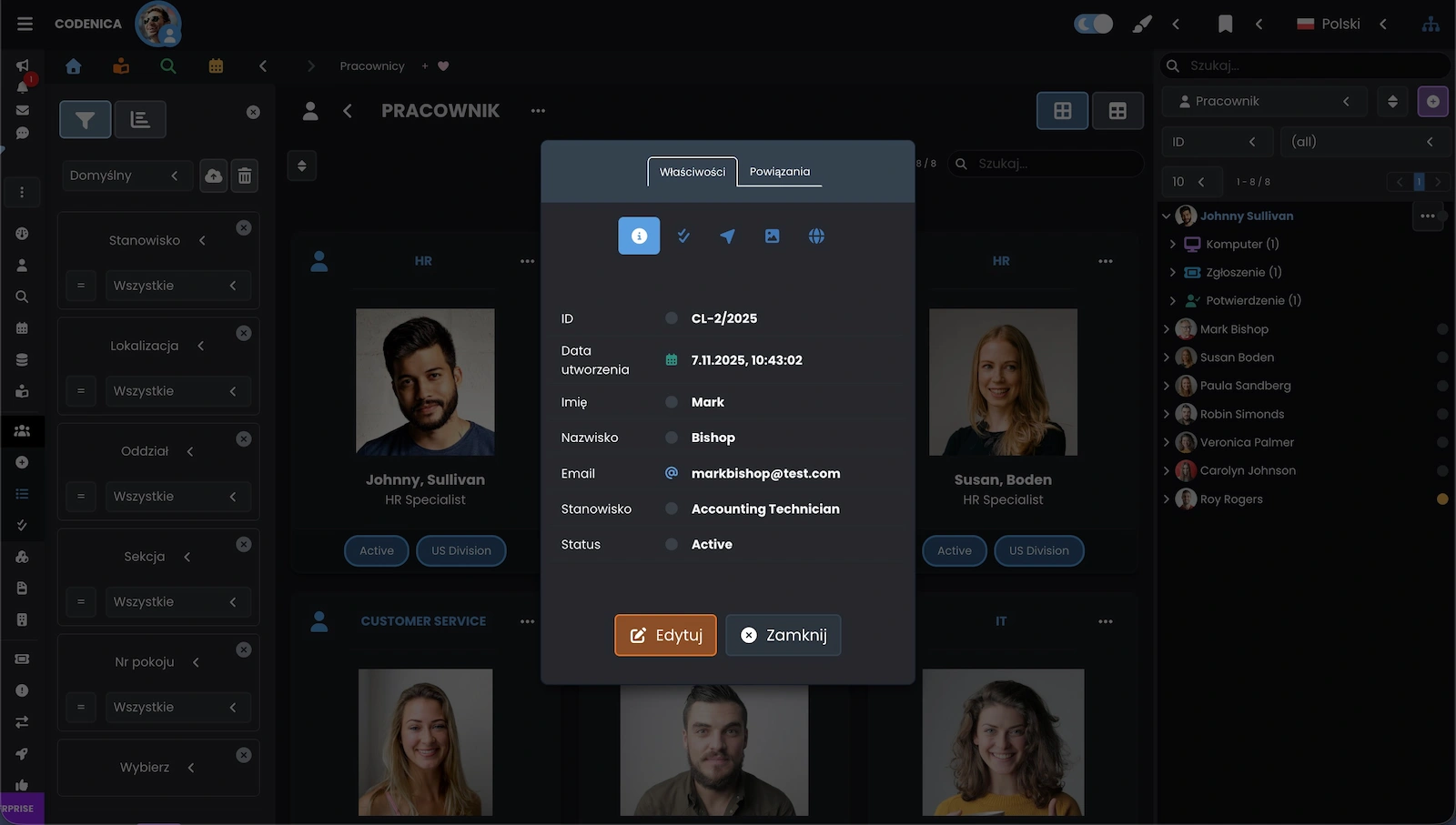 Właściwości obiektu pracownik w trybie widoku elementów w aplikacji Codenica ITSM + ITAM
