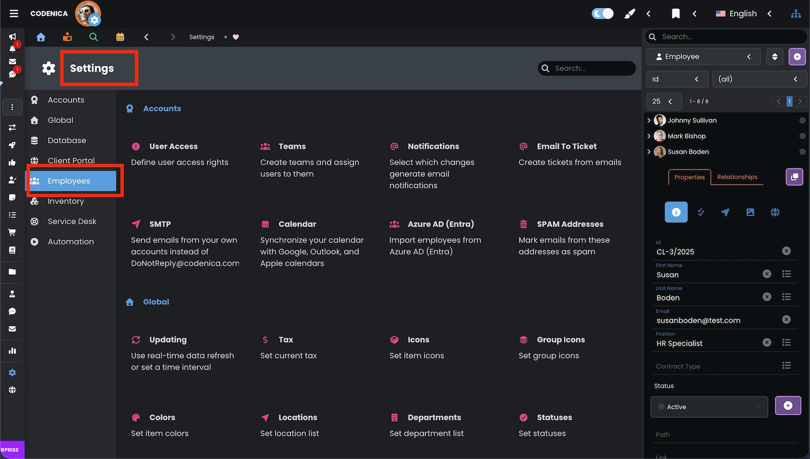 Application settings in Codenica ITSM + ITAM.