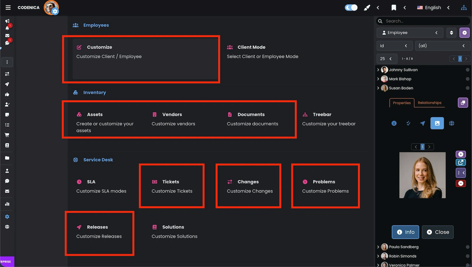 Service desk settings window in Codenica ITSM + ITAM.