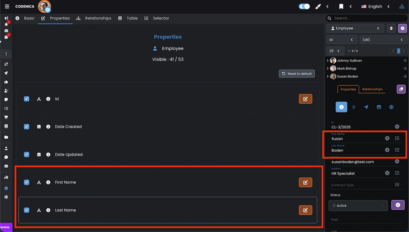 Employee property configuration window in Codenica ITSM + ITAM.