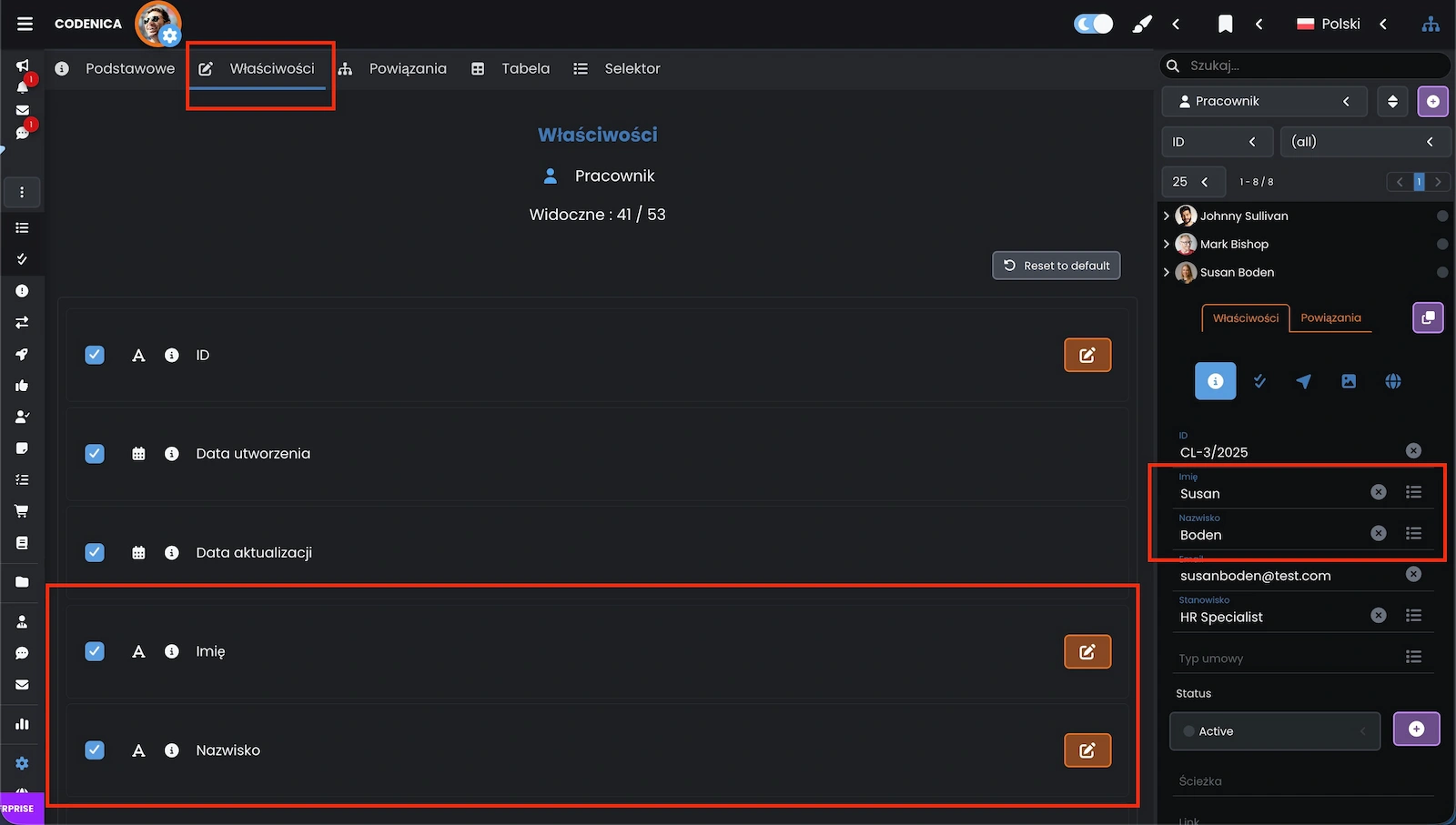 Okno właściwości pracownika w aplikacji Codenica ITSM + ITAM