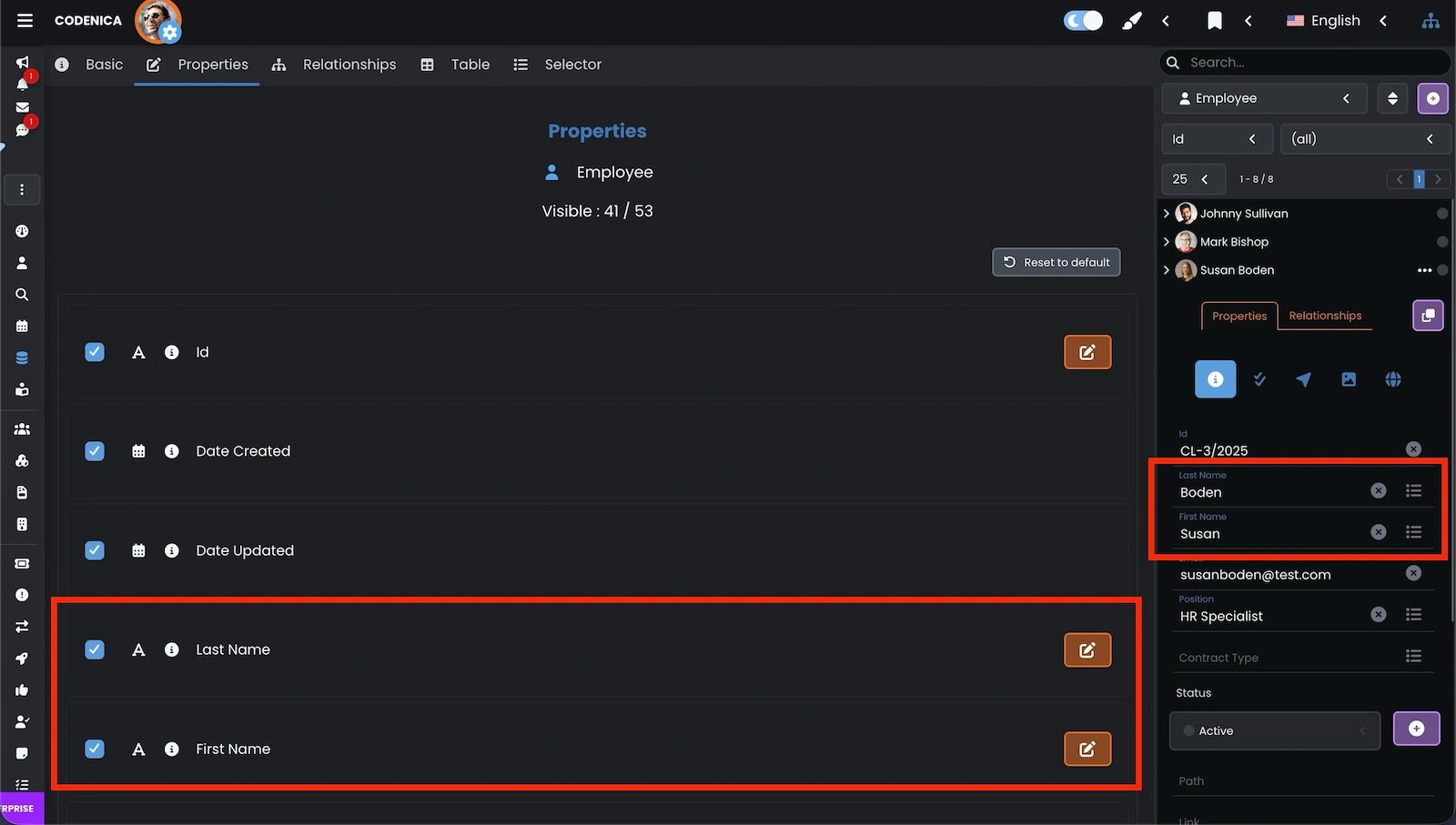 Employee properties displayed in the IT Manager panel in Codenica ITSM + ITAM.