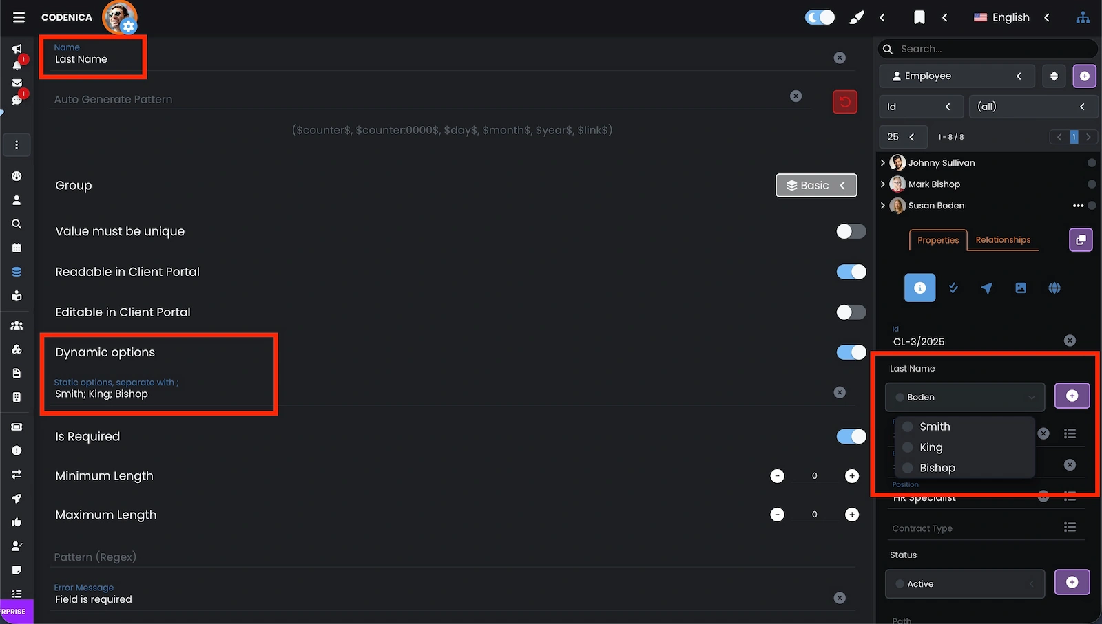 Advanced property configuration window in Codenica ITSM + ITAM.