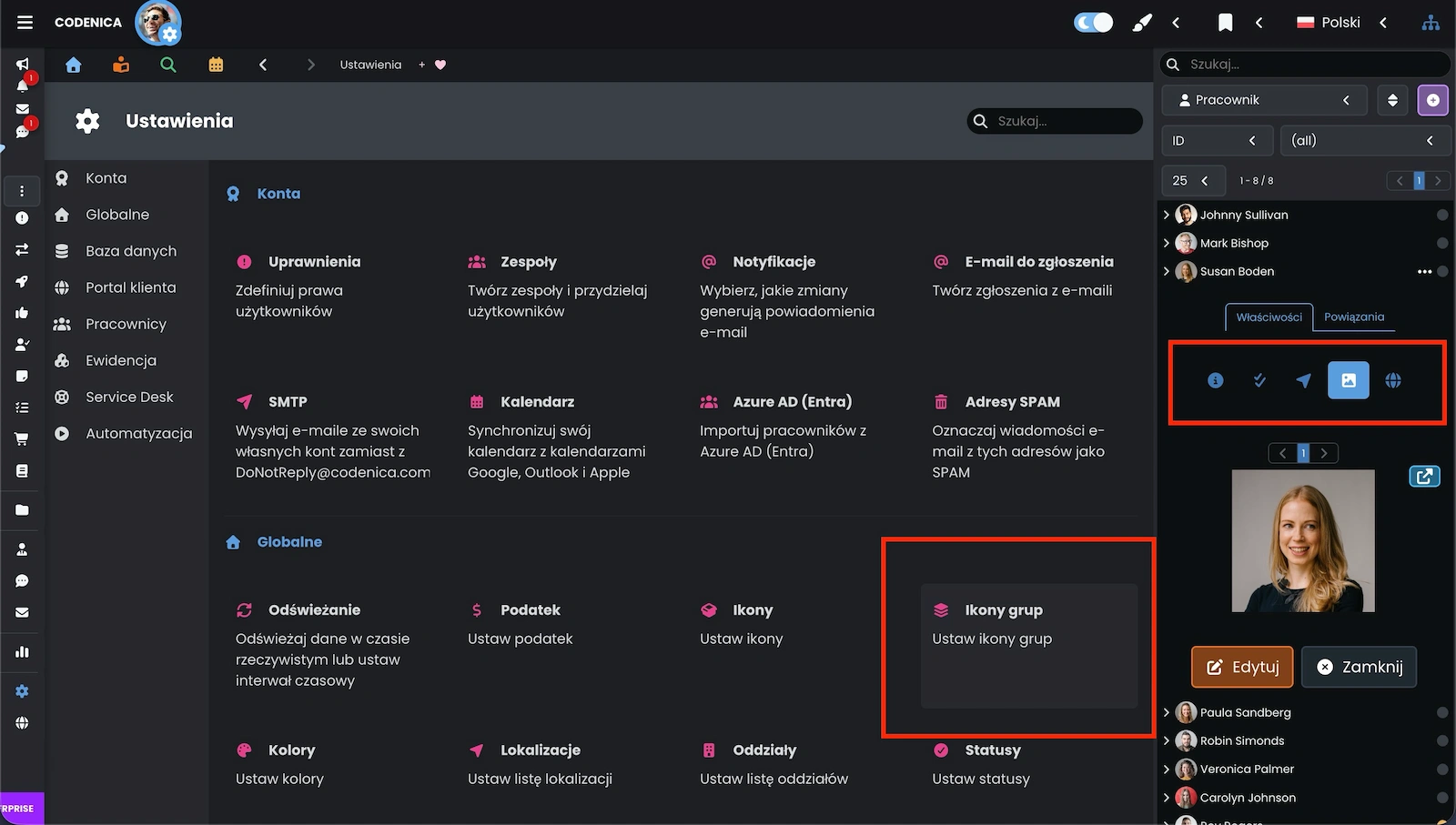 Okno ustawień w systemie Codenica ITSM + ITAM