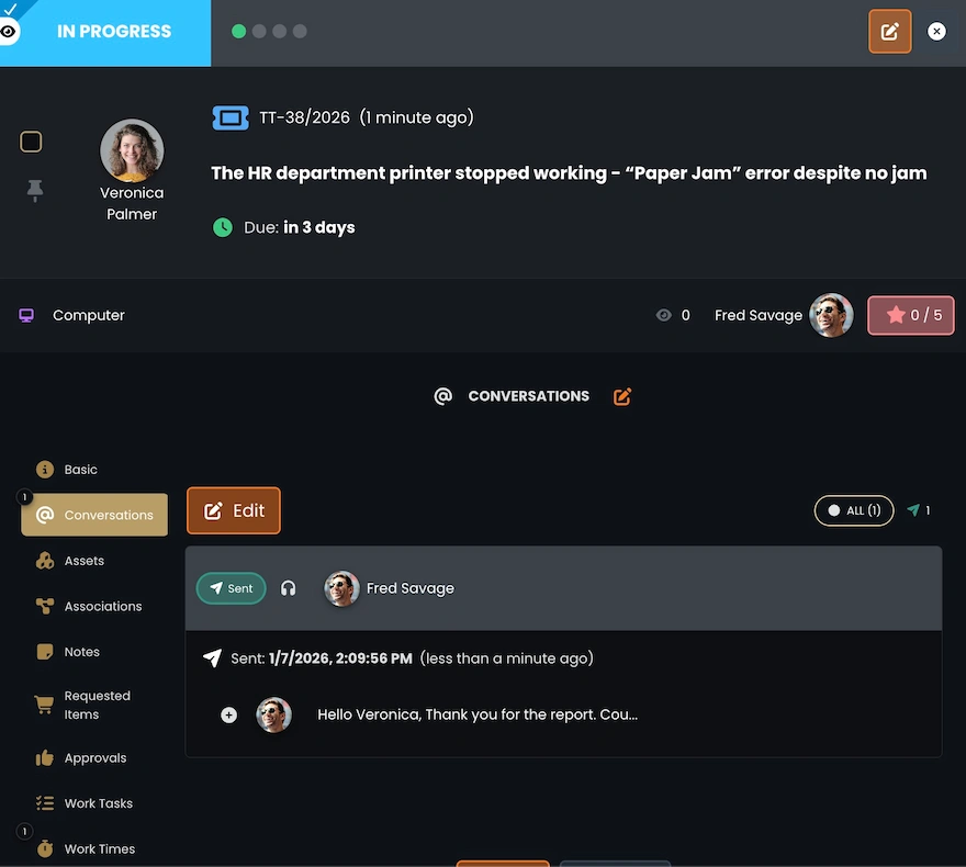 Email conversation history stored directly inside the ticket