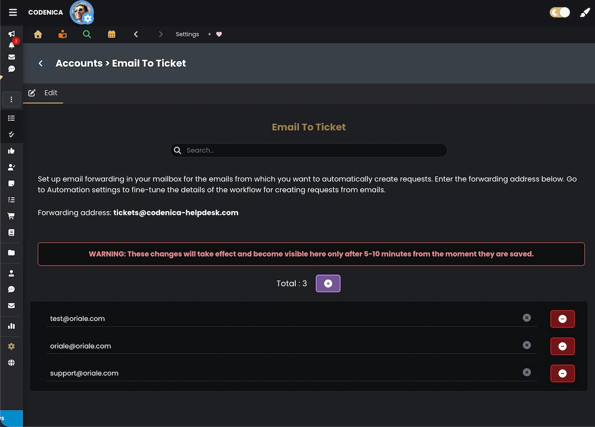 Configuration of forwarded email addresses in Codenica ITSM + ITAM