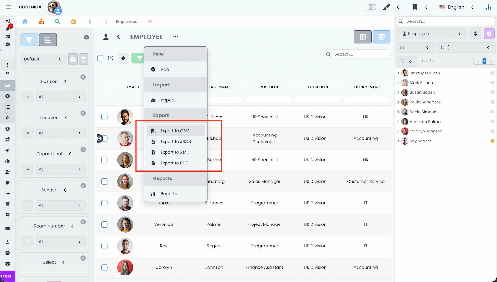 Exporting data to CSV, JSON, XML, and PDF formats in Codenica ITSM + ITAM
