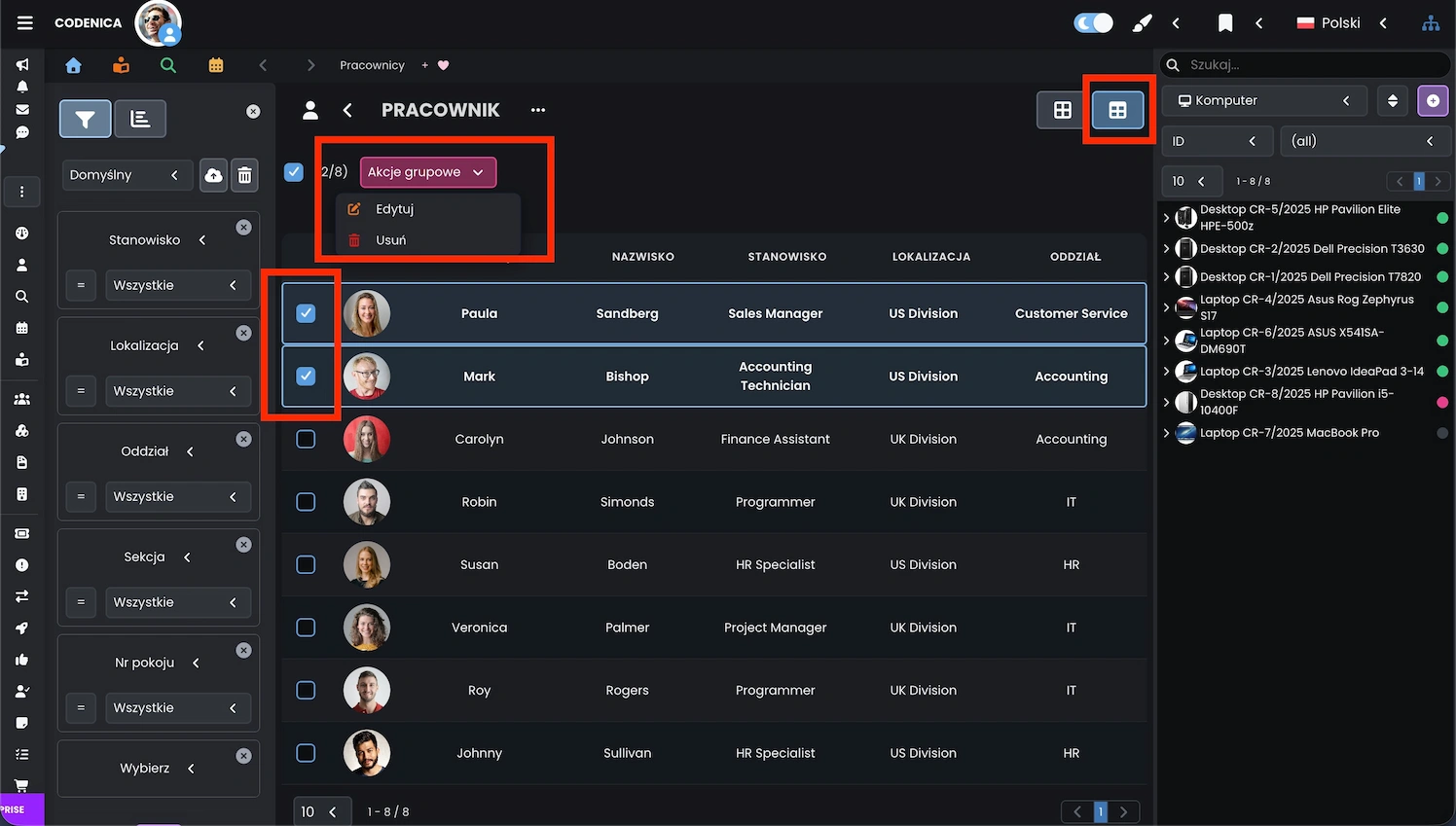 Lista elementów gotowych do grupowej edycji w systemie Codenica ITSM + ITAM