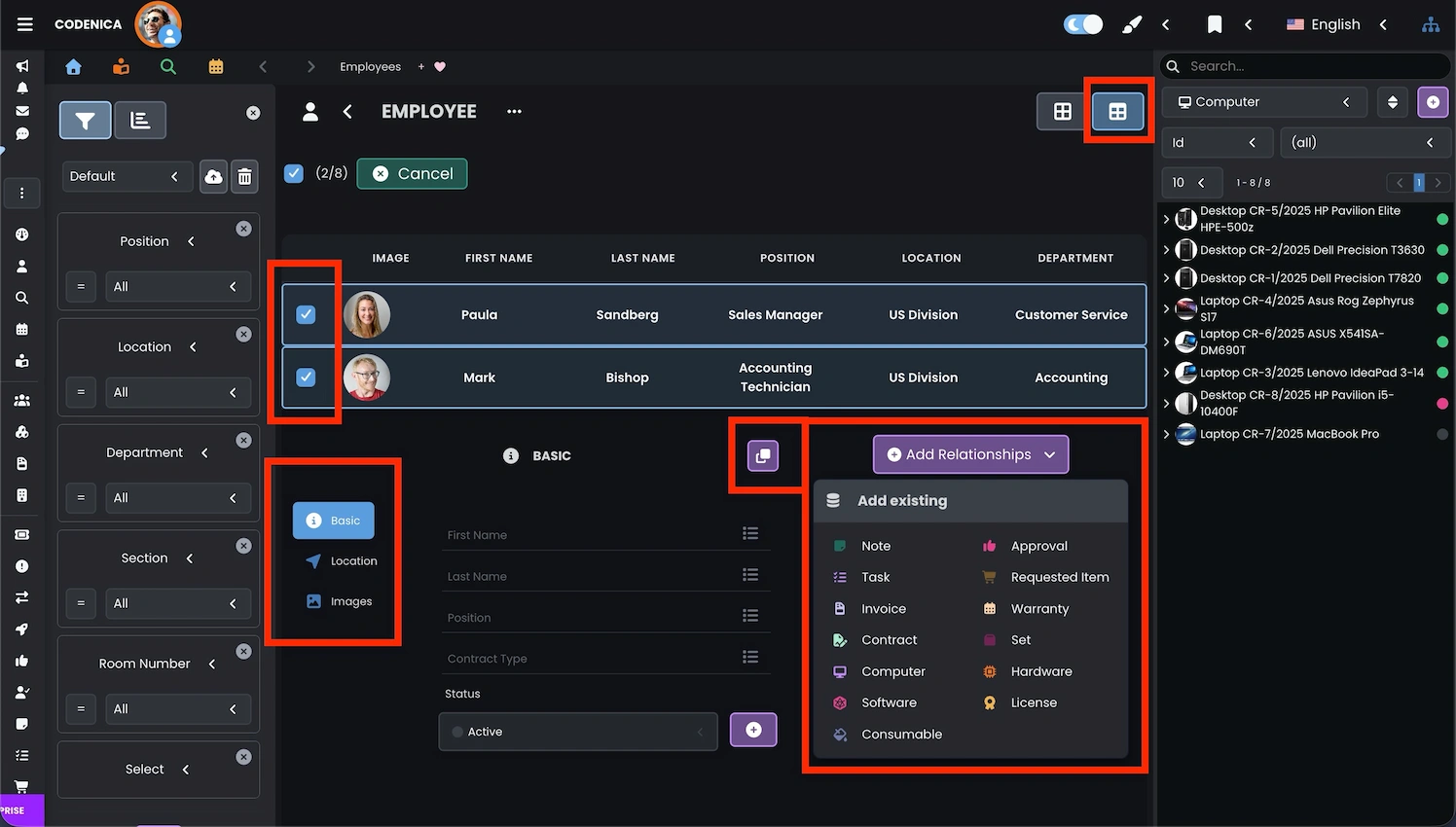 Bulk asset editing window in Codenica ITSM + ITAM