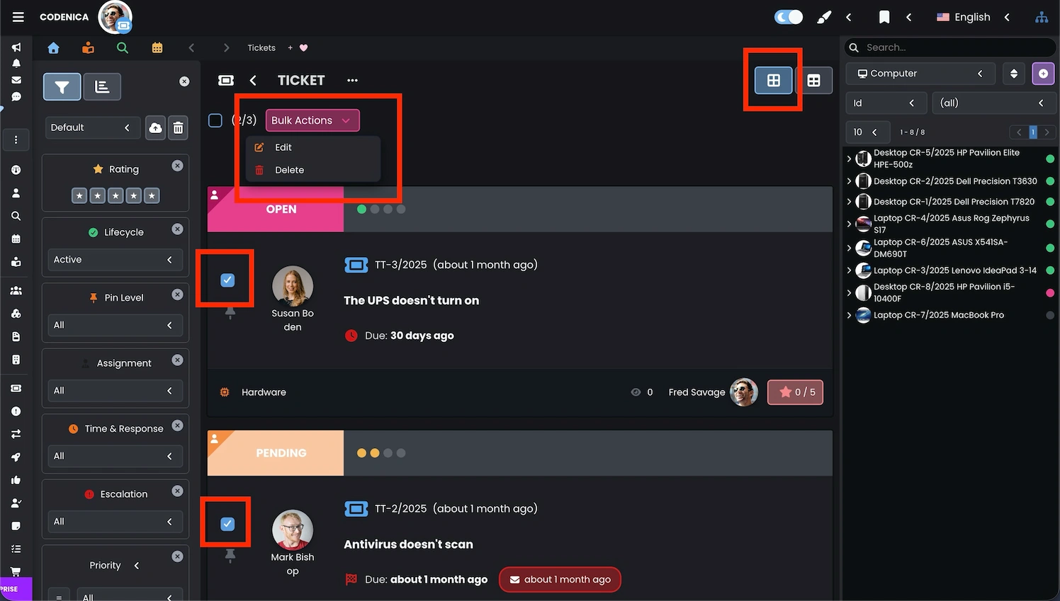 Element view with selected tickets and the Edit option active in the Bulk Actions menu - Codenica ITSM + ITAM