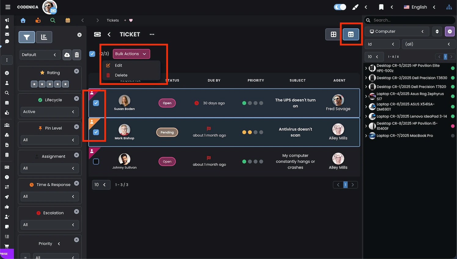 Table view of tickets with selected rows enabling bulk editing - Codenica ITSM + ITAM