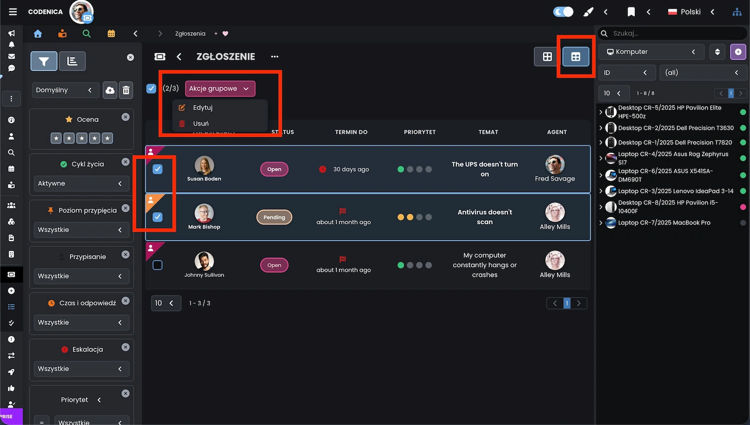 Widok tabelaryczny ticketów z zaznaczonymi rekordami umożliwiający uruchomienie edycji grupowej w Codenica ITSM + ITAM