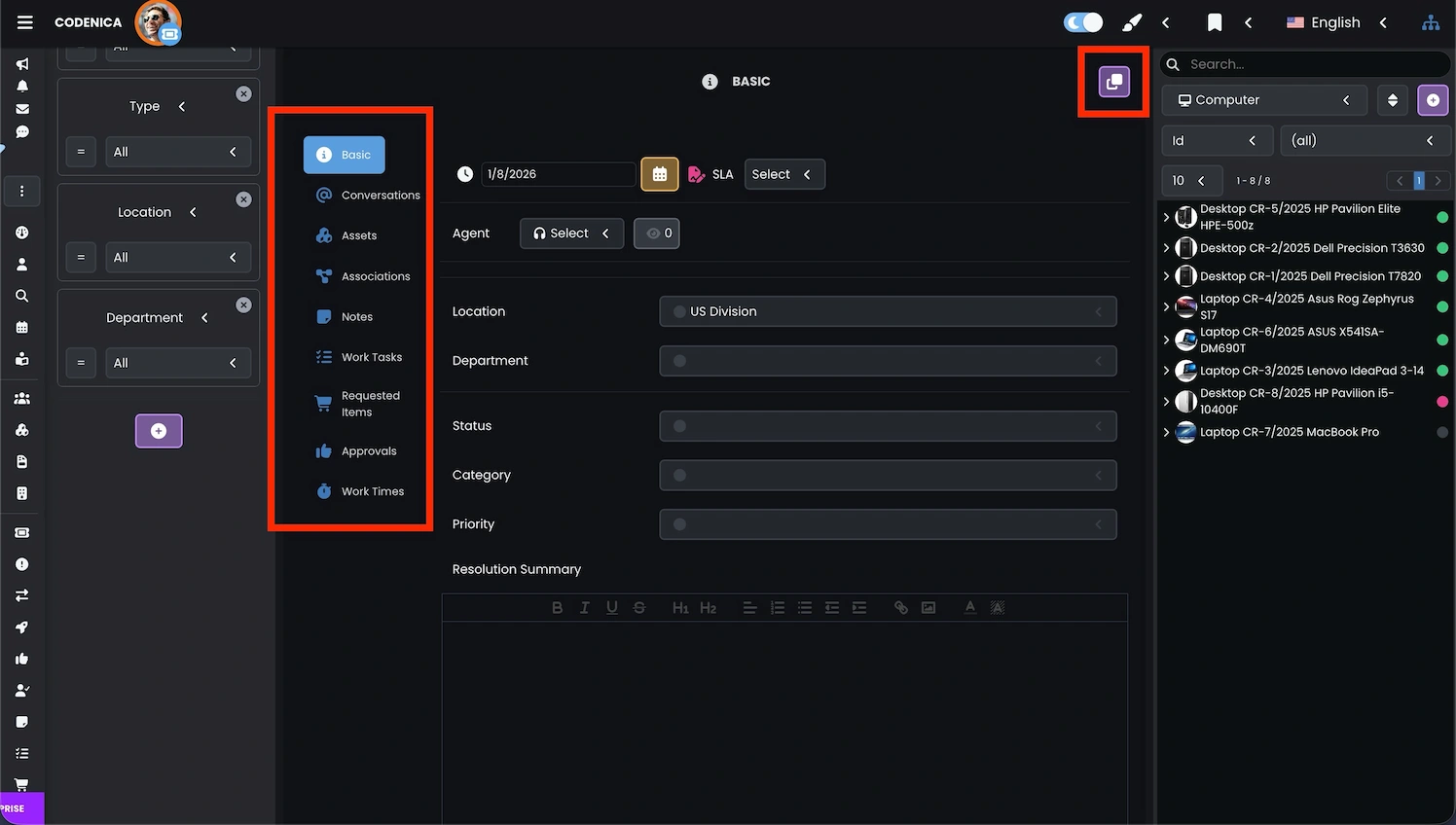 Bulk editing window for tickets in the Codenica ITSM + ITAM system