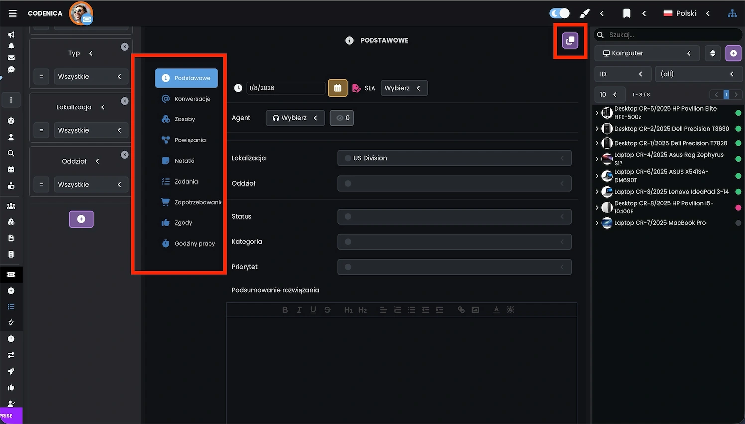 Okno edycji grupowej ticketów w systemie Codenica ITSM + ITAM