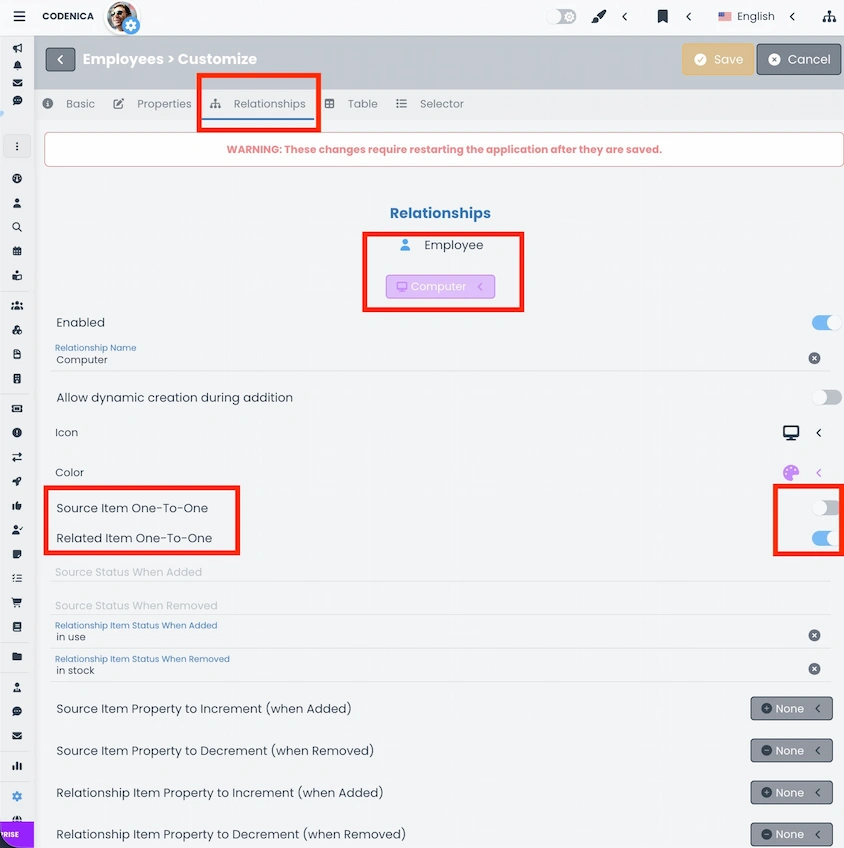 One-to-one relation settings in Codenica ITSM + ITAM