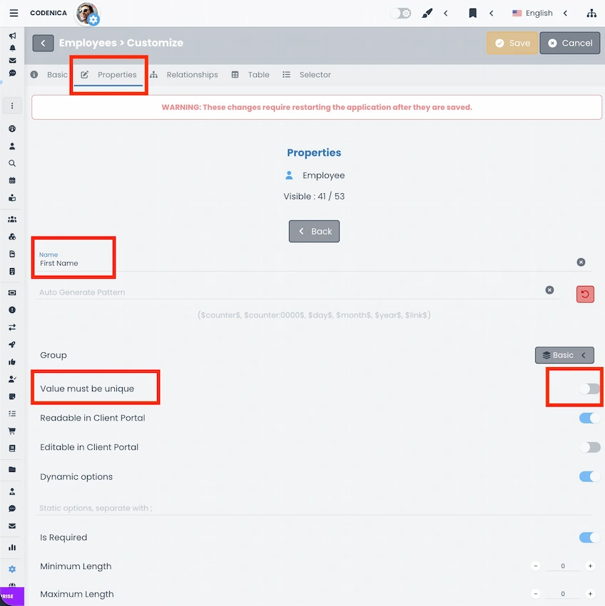 Setting that enables value uniqueness in Codenica ITSM + ITAM