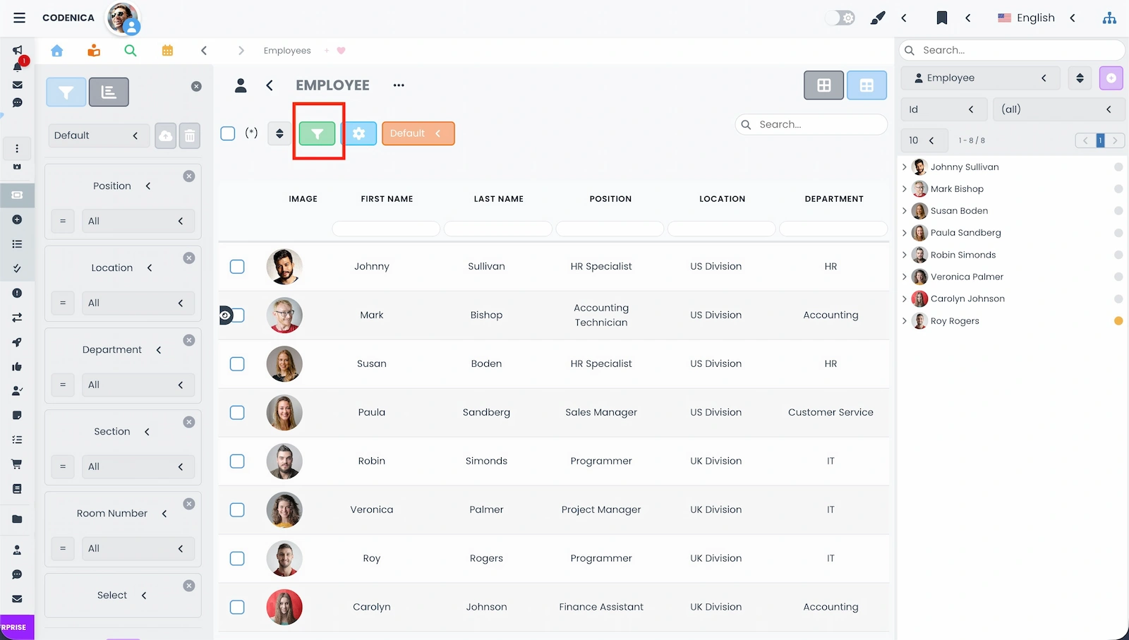 Column filter in table view in Codenica ITSM + ITAM