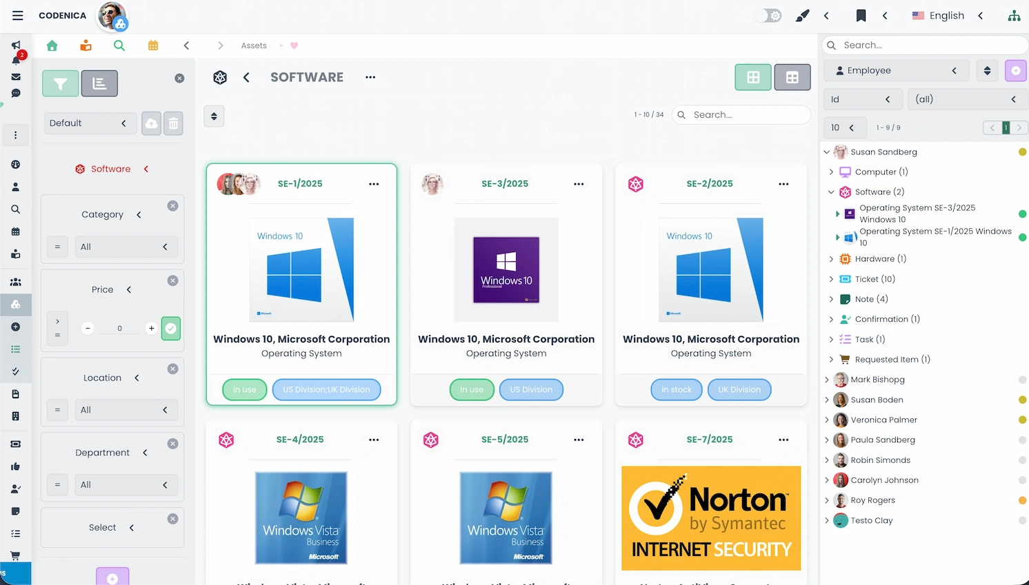 Software list with license assignment in Codenica ITSM + ITAM