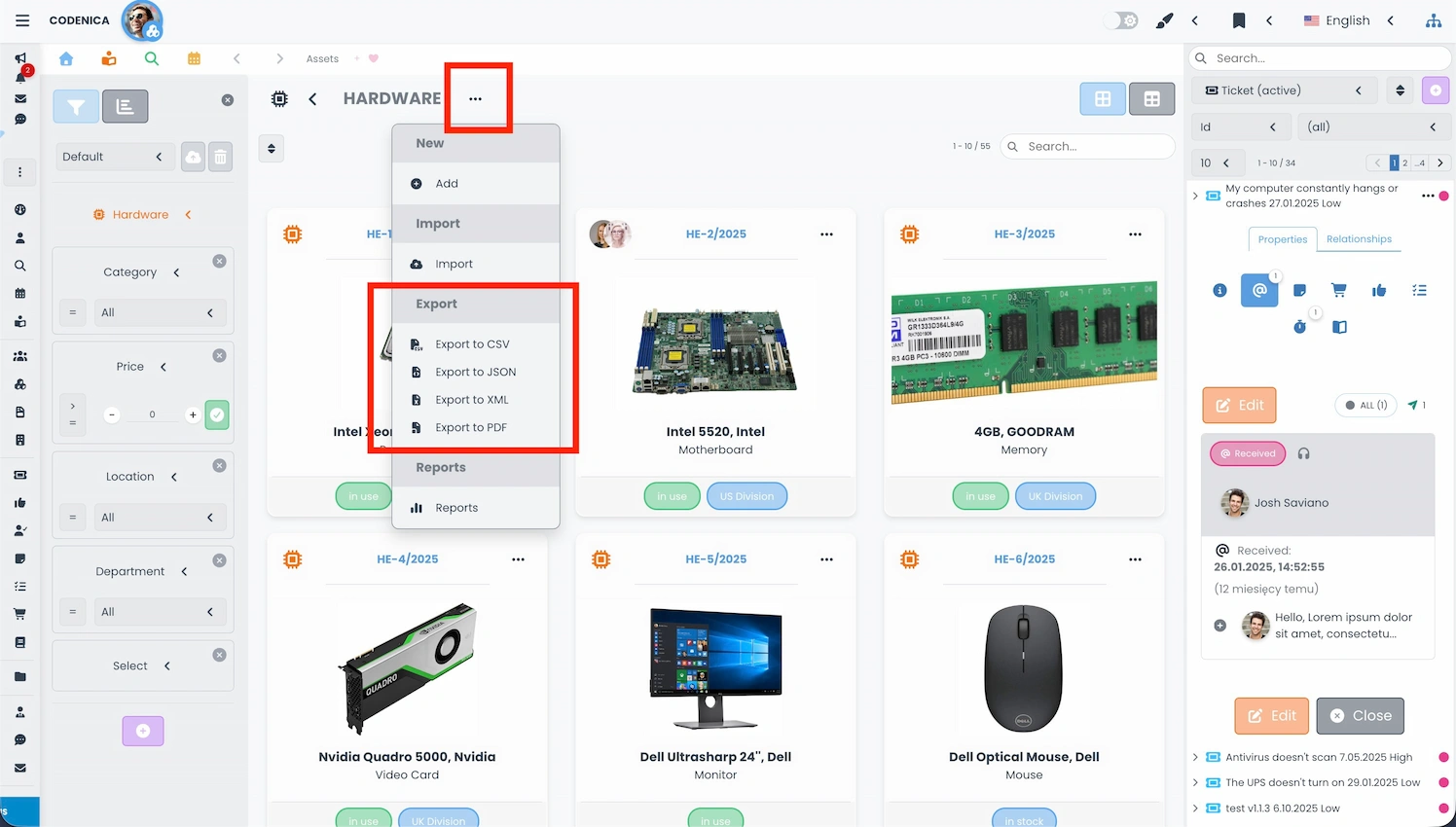 IT device list in Codenica ITSM + ITAM with the export menu expanded