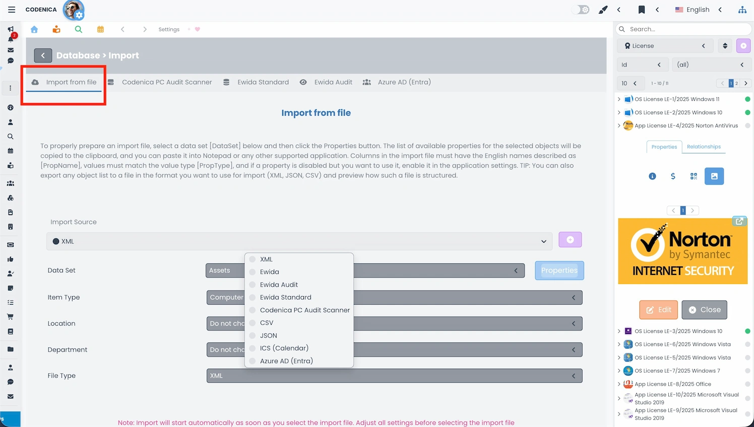 Import screen for XML, JSON, and CSV files in Codenica ITSM + ITAM