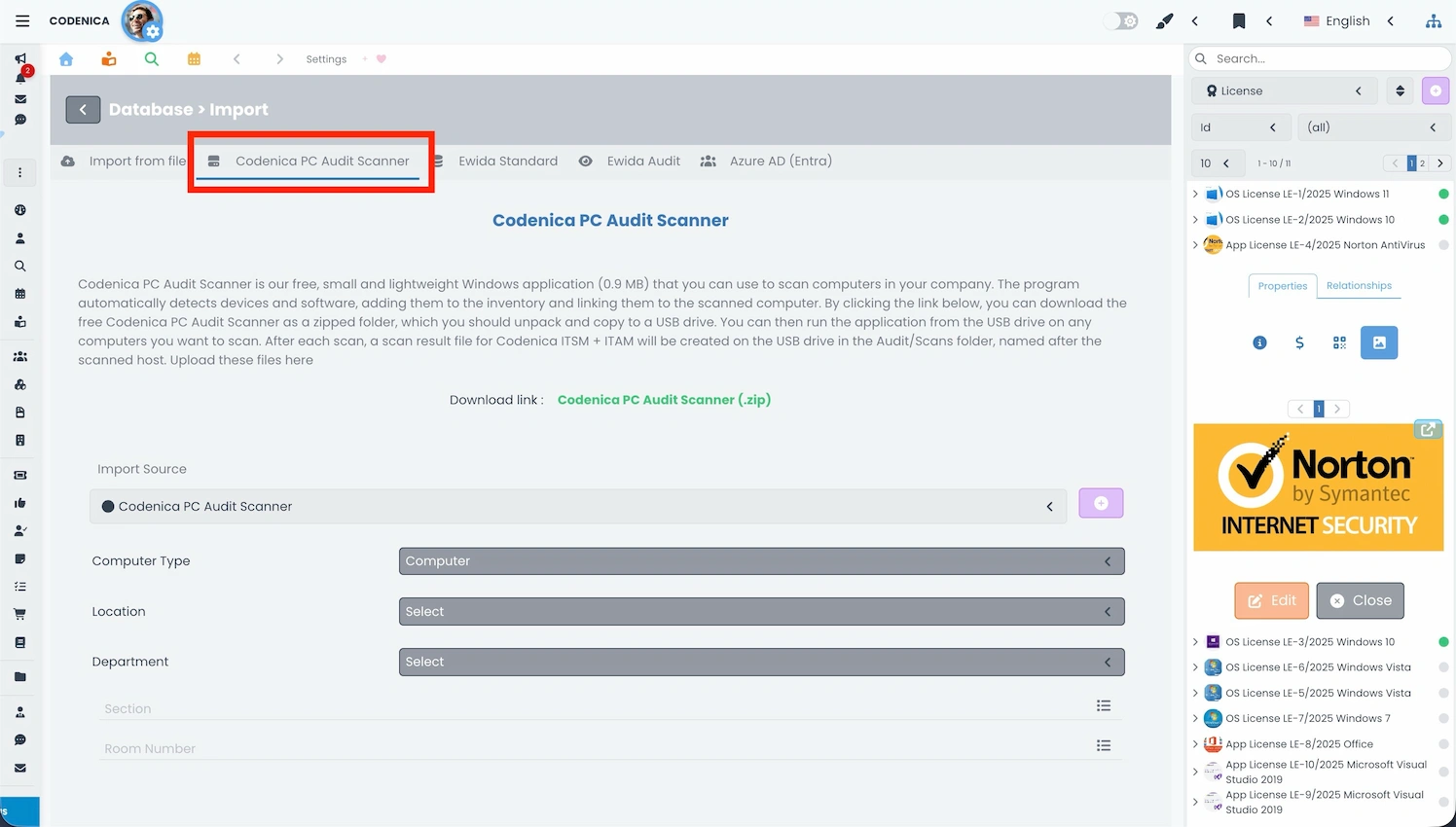 Import screen for audit results from Codenica PC Audit Scanner into Codenica ITSM + ITAM