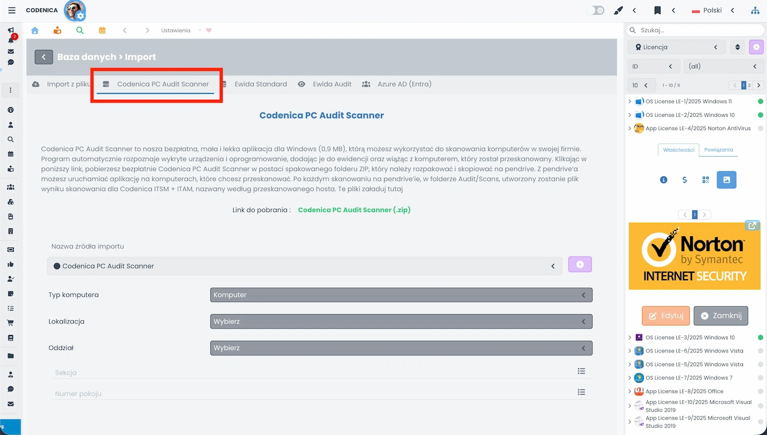 Ekran importu wyników audytu z Codenica PC Audit Scanner do systemu Codenica ITSM + ITAM
